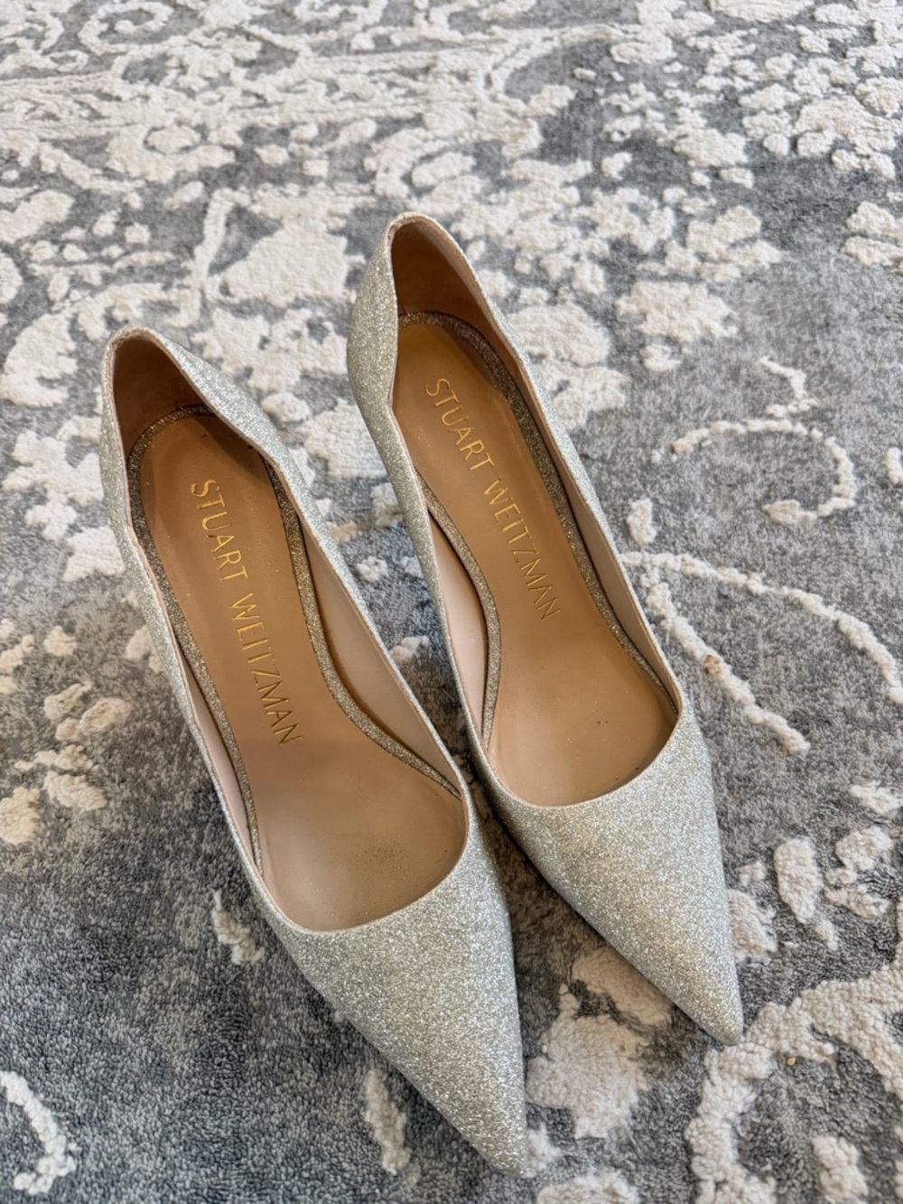 Stuart Weitzman Glitter Pointed-Toe Pumps in Silver